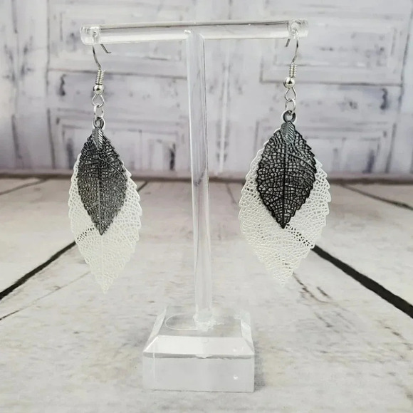 Black and Silver Skeleton Leaf two layer Dangle Earrings - Picture 6 of 8